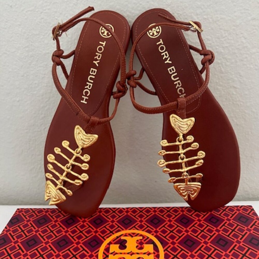 Tory Burch Brown Leather T-Strap Sandals with Gold Hardware